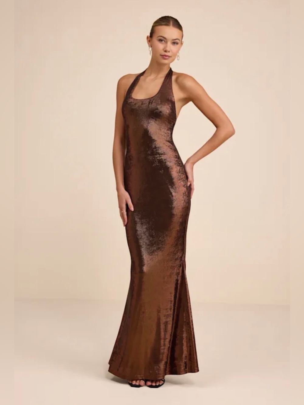 Lulus Airla Shiny Bronze Slinky Knit Halter Maxi Dress Large NWT